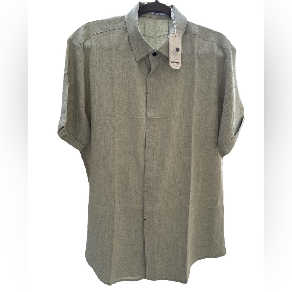 Coofandy Men’s Short Sleeve Hidden Button Down Shirt Size L‎ Rayon/Linen NWT